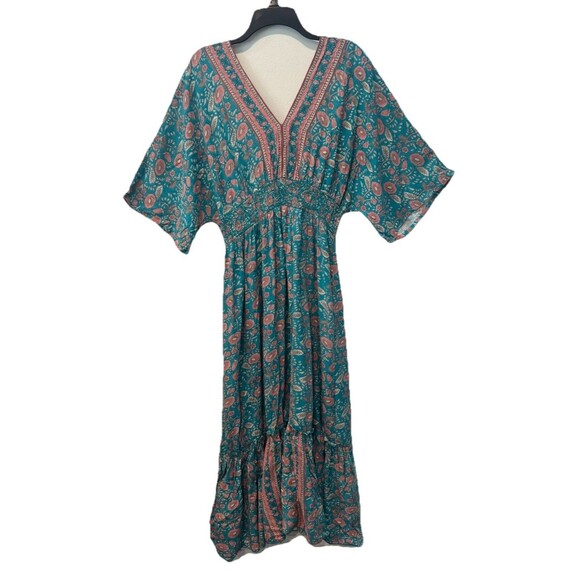 Natural Life Womens Teal Floral Vines Celia Boho Maxi Dress Medium - Picture 9 of 11